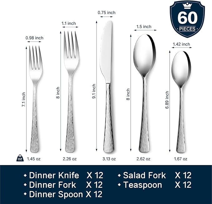 Silverware Set for 12, 60 Piece Flatware Set, 18/10 Stainless Steel | Hammered Mirror Polished Ripple Handles, Dishwasher Safe, Rust Resistant, for Home Kitchen, Wedding, Party, Housewarming Gift