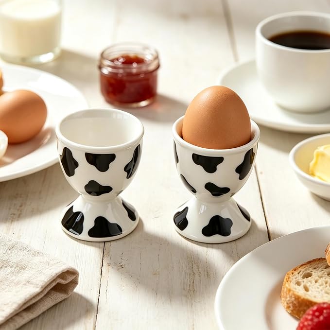 Cinf Ceramic Egg Cups, Set of 2, Cow Print Boiled Egg Holders for Breakfast | Set of 2 ceramic egg cups, classic white design, easy to clean, ideal for boiled eggs, breakfast serving and holiday gifting