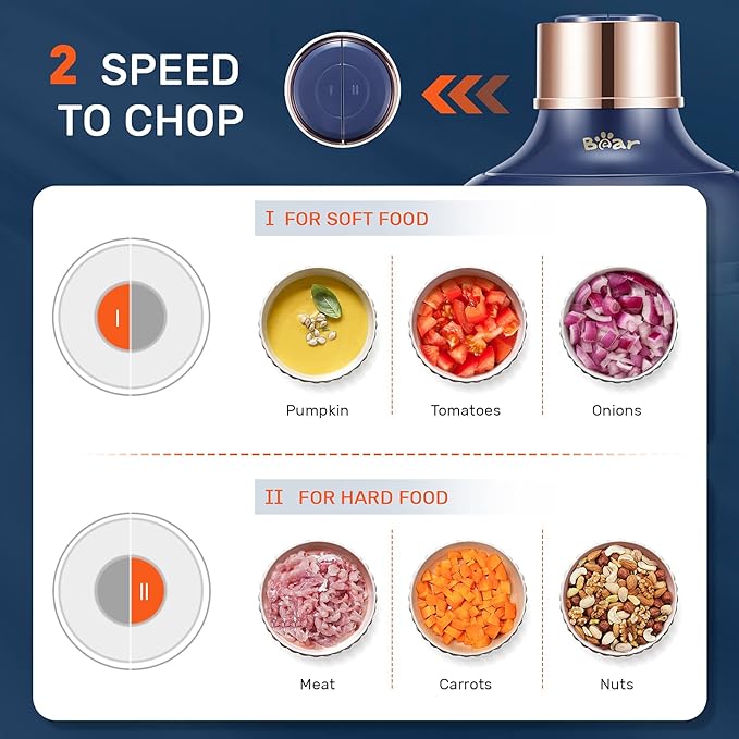 Bear Food Processor, Electric Food Chopper with 2 Glass Bowls (8 Cup+2.5 Cup), 400W Power Grinder with 2 Sets Stainless Steel Blades, 2 Speed for Meat, Vegetables, and Baby Food | Dishwasher safe, 2 sets stainless steel blades, Ideal for meat, vegetabl...