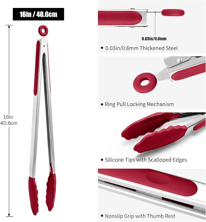 Doosu Kitchen Tongs with Silicone Tips for Cooking Serving (16in, Red) | 600°F Heat Resistant Food Tong, Heavy Duty Stainless Steel Locking Tong for BBQ, Grilling Steak, Salad, Toast, Pasta