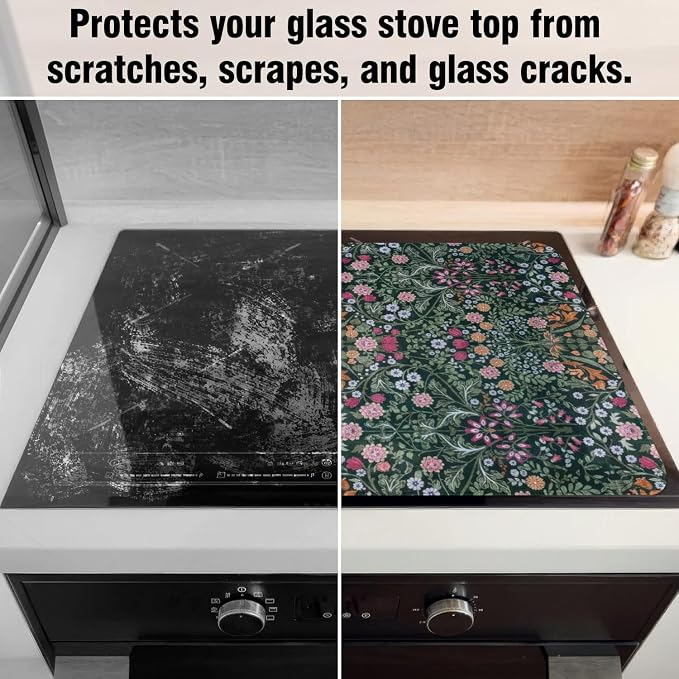 Boho Glass Stove Top Cover for Electric Stoves,Botanical Floral Dark Green Farmhouse Stove Top Cover for Kitchen Decor,Heat Resistant Cooktop Protector Mat,Non-Slip Washable Dish Drying Mat 28"x20"