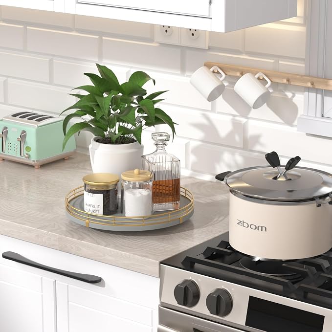 Oroutor 10-Inch Gray Wooden Lazy Susan Spice Organizer for Cabinet | Rotating oak tray organizes spices, toiletries and decor on kitchen counters, bathroom vanities, dining and coffee tables.