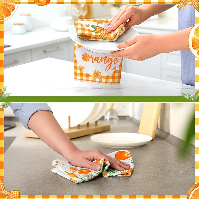 4 Pcs Orange Kitchen Towels, Citrus Grid Hand Dish Towels | Absorbent Fast Drying Dishcloth Housewarming Gift for Cooking Kitchen Decor Bathroom Home Party