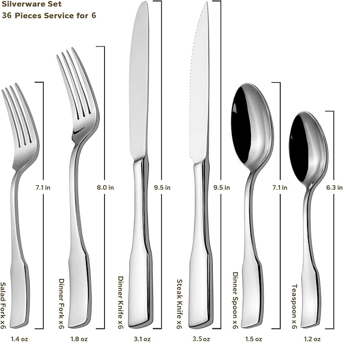 Alata Kate 36-Piece Silverware Set with Steak Knife, Stainless Steel Flatware Set Service for 6, Mirror Polished Cutlery Set Dishwasher Safe