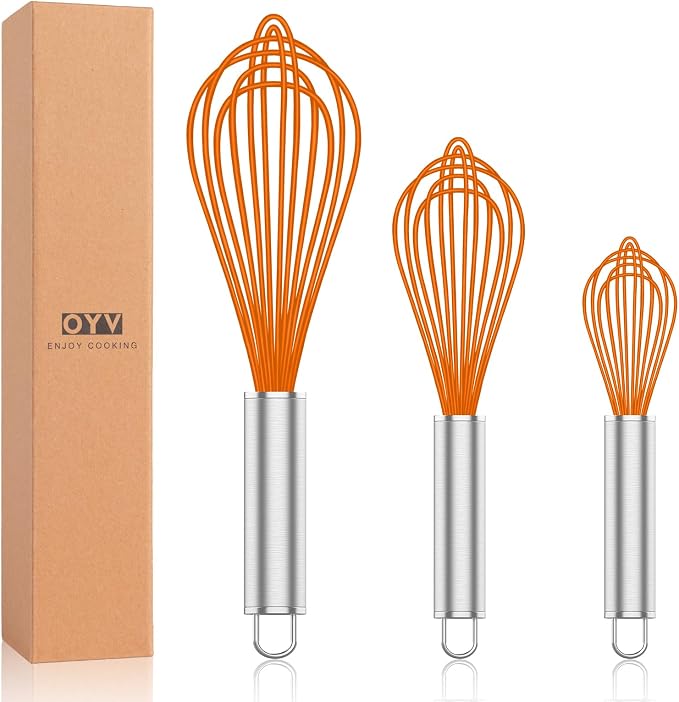 OYV Orange Silicone Whisk Set of 3, 8/10/12 Inch, Non-Scratch | BPA-Free Silicone, Heat Resistant Up to 480°F, Stainless Steel Core, Dishwasher Safe, Nonstick-Safe