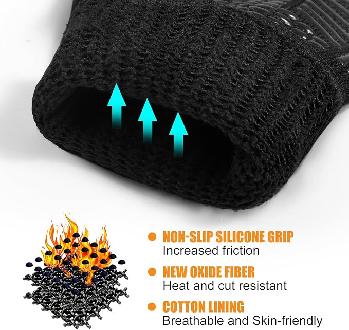 BBQ Gloves, 1472°F Heat Resistant with Silicone Grip Oven Mitts | Non-Slip Grip, for BBQ, Grilling, Oven, Smoker, Cooking and Baking