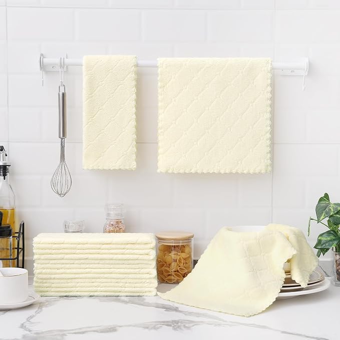 Homaxy 12 Pack Super Soft Absorbent Dish Towels, 10" x 20", Cream Yellow | Coral Velvet, Nonstick Oil Fast Drying Microfiber Cleaning Cloth, No Lint Dishcloths for washing and drying