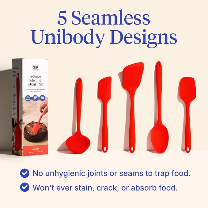 GIR 5-Piece Silicone Kitchen Utensils Set, Non-Toxic Cooking Utensils for Cooking and Baking, Heat Resistant, Food Grade, Dishwasher Safe Rubber Spatula, Ladle, Spoon - Fire Red