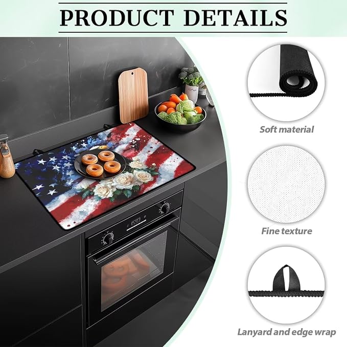 4th of July Gas Burners Top Covers, American Flag Eagle, Soft Extra Large Stove Top Cover for Electric Non-Slip Rubber Base Surface Heart Resistant Oven Cover Mat 30x21 Inch