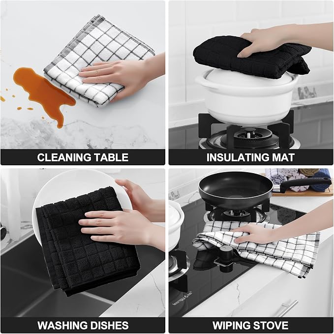 Homaxy Large Premium Cotton Kitchen Towels 16"x 28", 12 Pack, Black | Natural Ring Spun 390 GSM Dish Towels, Super Absorbent Terry Kitchen Hand Towels, Soft Tea Towels with Hanging Loop