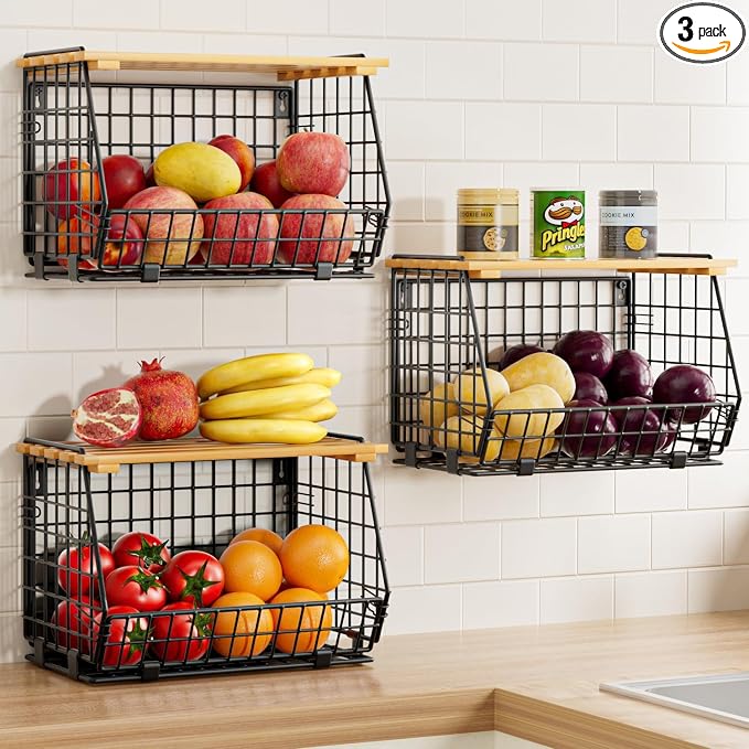 Hanging Fruit Basket for Kitchen, 3 Pack Vegetable Produce Basket | Wood Lid, Wall Mounted & Countertop Wire Storage Basket for Potato Onion Fruits Vegetables, Pantry Organizers Storage