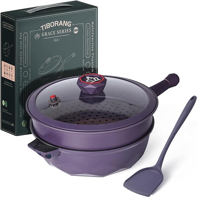 TIBORANG 11 Inch Nonstick Frying Pan with Lid,8-in-1 Multipurpose Cookware | 5 Qt Deep Sauté Pan Skillet with Steamer, PFOA-Free, Dishwasher & Oven Safe, Induction Compatible, Stay-Cool Handle,Purple