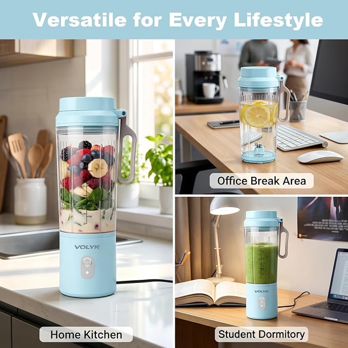 VOLYN Mini Electric Blender Smoothie Maker with Straw & Cleaning Brush | Mini Personal Blender for Fruit Drinks, Smoothies & Milkshakes, Compact Space-Saving Design for Kitchen and Office, Blue
