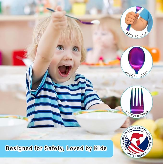 CHILLOUT LIFE Stainless Steel Kids Silverware Set 12 Pieces - Child and Toddler Safe Flatware - Kids Utensil Set - Metal Kids Cutlery Set (Includes 6 Small Kids Spoons & Kids 6 Forks, UV Rainbow)