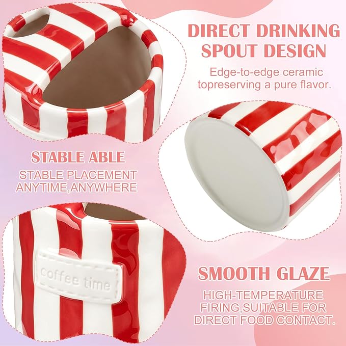 1 Pack Ceramic Mug with Sip Hole, Simple, Red | 10oz Ceramic Coffee Cup with Straws, Retro Hand Painted Striped, for Iced Coffee Tea Latte Espresso, Kitchen Dining Travel