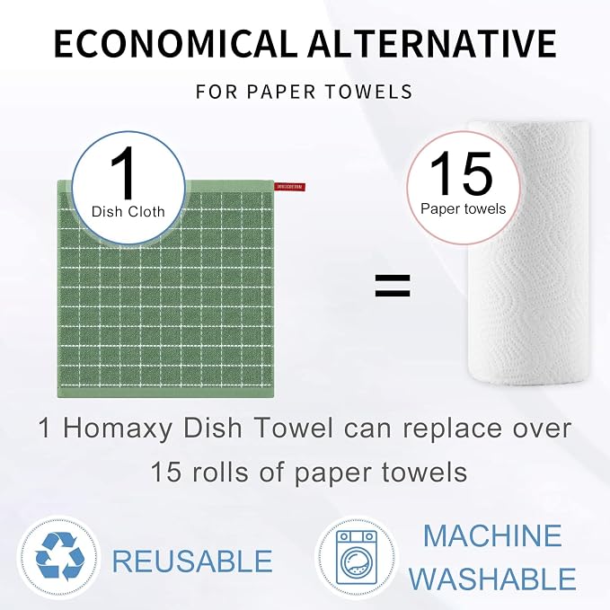 Homaxy 100% Cotton Terry Kitchen Dish Cloths, 8 Pack, Grass Green | Ultra Soft and Absorbent, Suitable for Drying and Washing Dishes