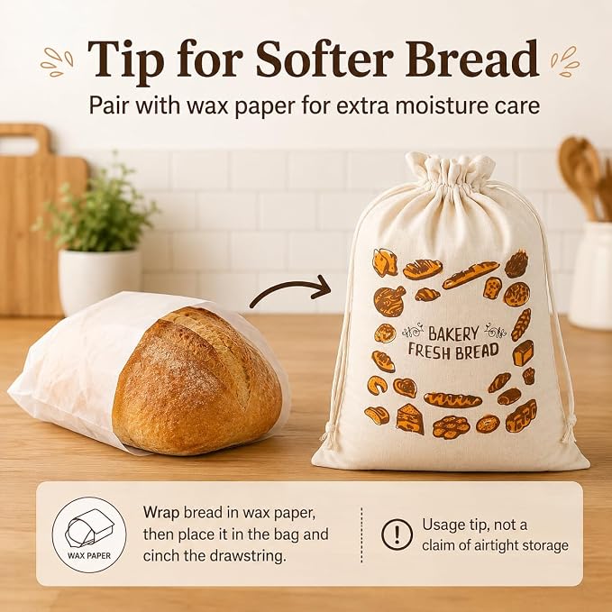 2 Pack Reusable Cotton Bread Bags for Homemade Bread, 16 x 12 Inch Drawstring Bread Storage Bags, Washable Cloth Bags for Sourdough Loaves, Baguettes, Bakery Bread, Rolls, Pastries and Produce
