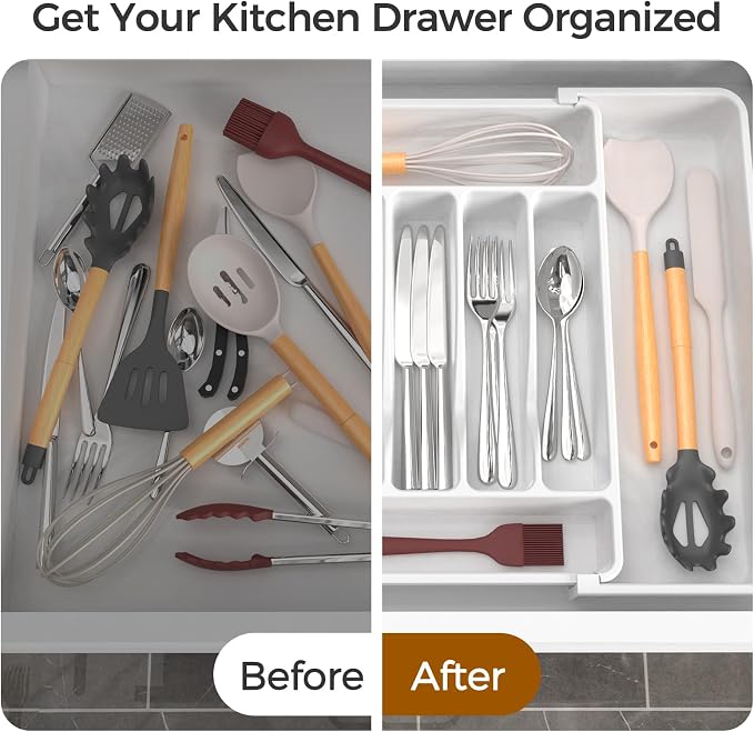 ukeetap Extra Large Expandable Silverware Organizer, Flatware Tray,White | BPA-Free Food-Safe Kitchen Utensil Cutlery Drawer Organizer, Adjustable Silverware Holder for Spoons Forks Knives
