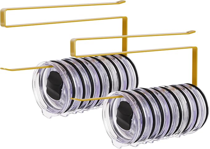 2 Pack Tumbler Lid Organizer, Versatile Tumbler Storage Holds 20 Lids Gold | Space Saving Cup Lid Organizers Inside Cabinet Tumbler Lid Hook for Kitchen Organizer and Storage, Paper Towel Rack Hanger