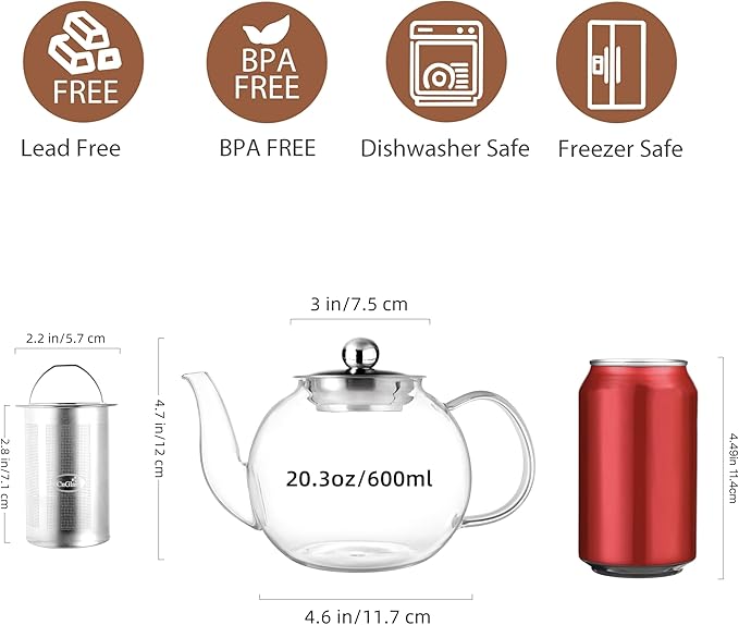 CNGLASS 600ml Glass Teapot with Removable Infuser,Clear Tea Kettle Stovetop Safe,Blooming and Loose Leaf Tea Maker