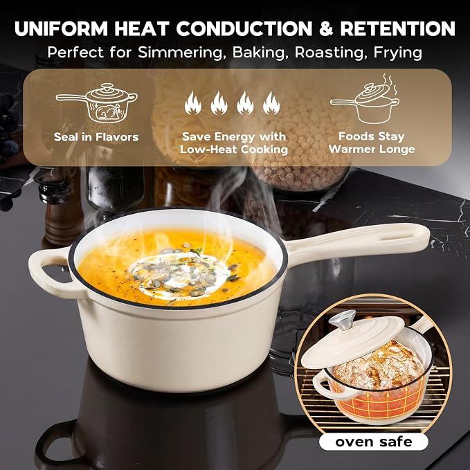 Onader Enameled Cast Iron Sauce Pan, 1QT Small Saucepan with Lid, Cast Iron Sauce Pot, Enamel Dutch Oven, Nonstick & Heavy Duty – Cream White
