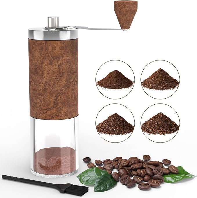 Manual Coffee Grinder, Portable Coffee Grinder, Burr Mill, Foldable Crank | Fine-to-coarse grind adjustment, stainless steel body, clear grounds cup and cleaning brush for home, office or travel.
