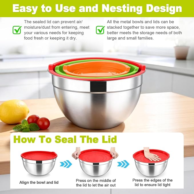TeamFar Mixing Bowls, Stainless Steel Nesting Salad Bowls & Airtight Lids | For Serving/Mixing/Storing, Healthy & Long-lasting, Dishwasher Safe & Easy Clean, 4.6/3 / 1.5 QT, Colorful