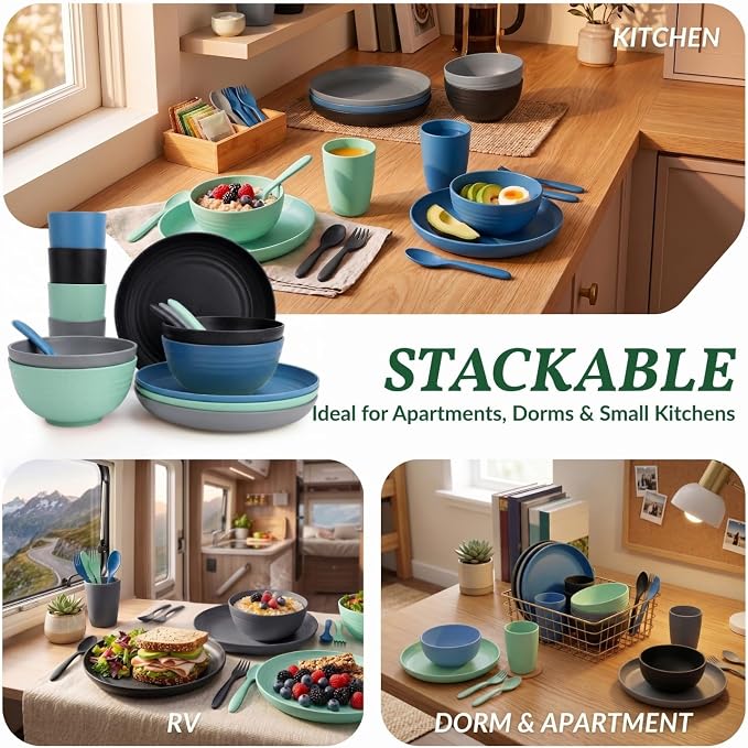 Unbreakable Plates and Bowls Sets 20 PCS Wheat Straw Dinnerware Sets Microwave & Dishwasher Safe Plate Set Kids Plastic Plates Camping Dish Set, Salad, Hamburger, Pizza-Nightscape