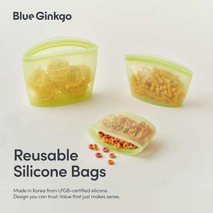 Blue Ginkgo Silicone Food Storage Bags, 3-Pack, Reusable, Made in Korea | Leakproof. Stand Up. Freezer and Dishwasher Safe. (Olive Green)