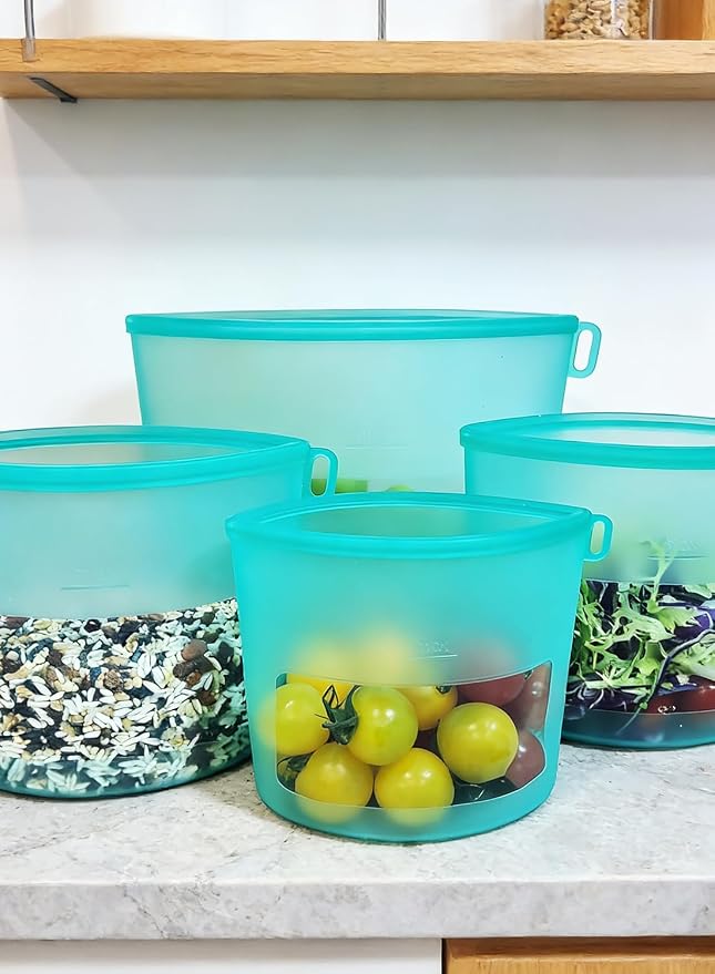 Reusable Silicone Food Storage Bags (Set of 4), Dishwasher Oven Microwave Freezer Safe, Eco-Friendly Leakproof Sous Vide Bags, Premium Lunch Containers, 1 Snack 2 Sandwich 1 Half Gallon, Mint