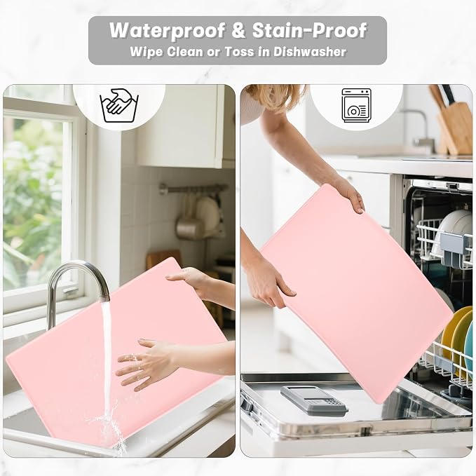 Rnivvi Silicone Coffee Mat, 12" x 19" Waterproof Raised Edge Coffee Bar Mats for Espresso Machine Station Accessories, Heat Resistant Dish Drying Pad for Kitchen Counter, Rubber Bar Decor Pad, Pink