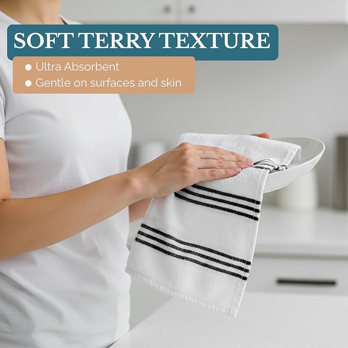 Casa Platino Kitchen Towel Set 8 Pc - 4 Dish Towels for Kitchen (16"x26") & 4 Dish Cloths (13"x13") - Absorbent, Quick Dry, Durable Cleaning Cloth & Hand Towels With Hanging Loop for Cleaning - Black.