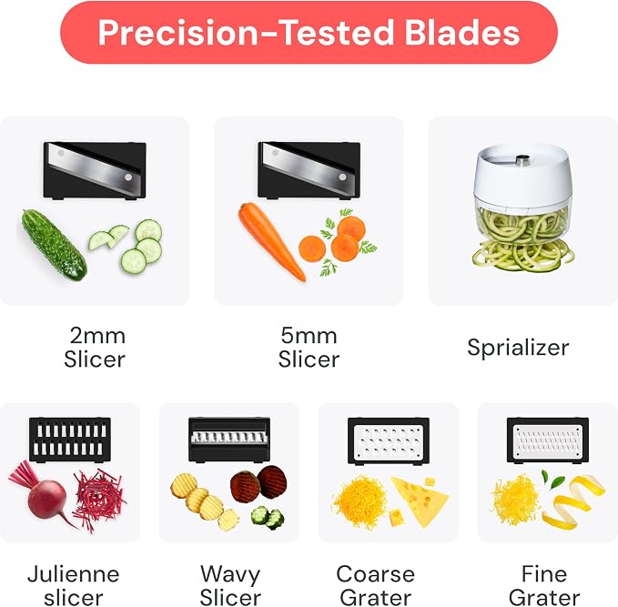 Fullstar Pro Mandoline Vegetable Slicer, Grater & Spiralizer with Container | 9 in 1 Fruit Cutter, Cheese Grater & Spiralizer with Safety Gloves, Stainless Steel Blades & Container (White)