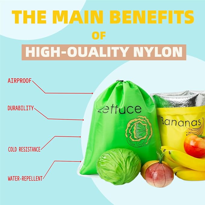 Small Mesh Drawstring Produce Bags 3 Pack | 5 Bonus Films, Washable Reusable, Refrigerator Storage, Eco-Friendly