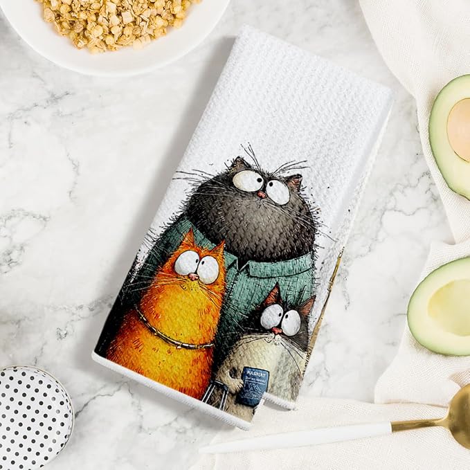 4 Pcs Cute Cat Kitchen Towels, Funny Cats Gifts Absorbent Hand Towels-04 | Cat Dish Cloths for Drying Dishes, Cats Waffle Dish Towels for Kitchen Home Bathroom Decor, Cat Lover Gifts for Women Mom
