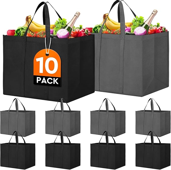 Reusable Grocery Shopping Bags 10 Pack Large Foldable Tote Bags Bulk | Eco Produce Bags with Long Handle for Shopping Groceries Clothes (Dark Grey & Black)