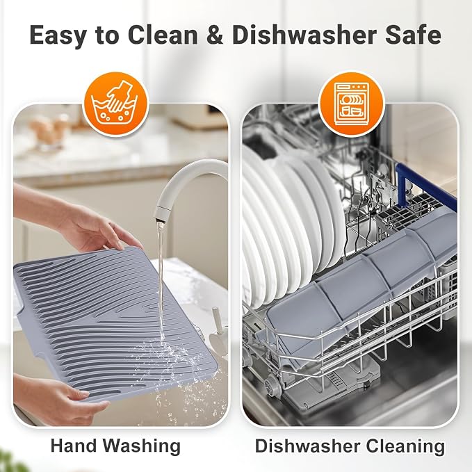 Silicone Dish Drying Mat | 15.8"x13" Dish Drainer Mat, Heat-Resistant Kitchen Counter Mat & Over-Sink Drying Tray, Can Be Hung, Grey-2pcs