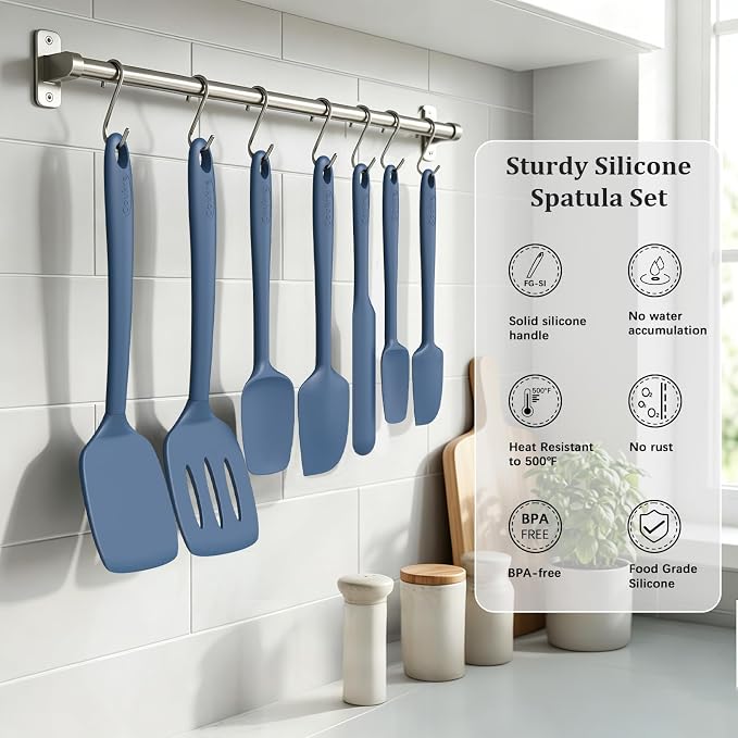 Coukre Silicone Spatula Set of 7, BPA Free Food Grade Silicone Cooking Utensils, Heat Resistant Kitchen Tools for Nonstick Cookware, Dishwasher Safe Spatulas for Cooking and Baking（7,PureDarkBlue）