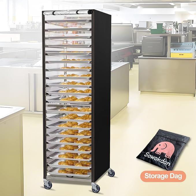 Bun Pan Sheet Rack Cover,Bread Speed Rack Cover with Zipper,Fit 20 Tier / 10 Tier Commercial Bakery Pizza Cooling Proofing with Clear Plastic Roll Top Door and Breathable Mesh Vent(20-Tier)