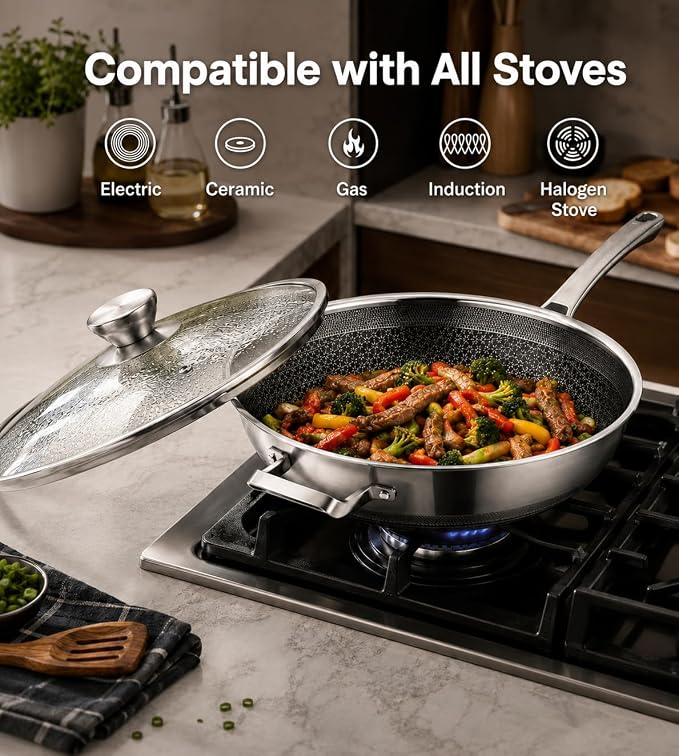 Toutrop Wok,13 Inch Hybrid Woks & Stir-Fry Pans Nonstick, Large Stainless Steel Wok with Lid,Induction Non Stick Woks,PFOA Free Cookware,Dishwasher And Oven Safe