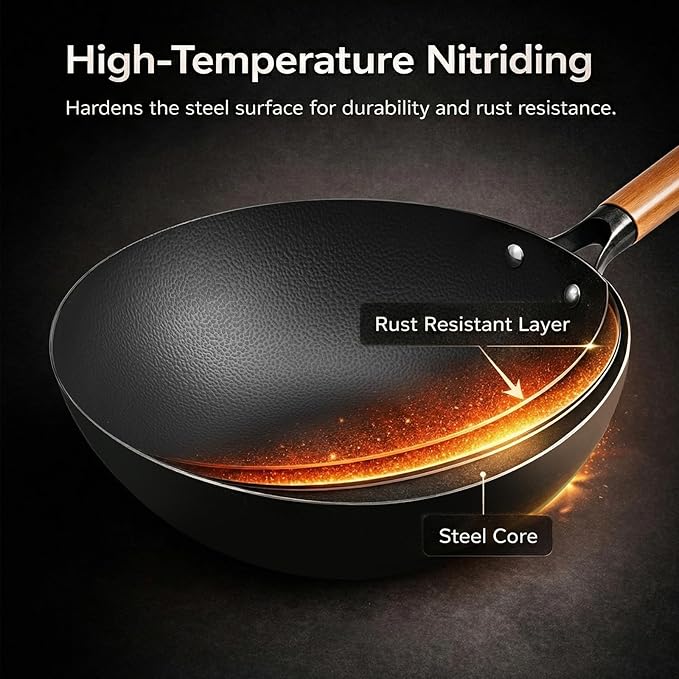 WANGYUANJI 12.6" Carbon Steel Wok with Lid, Flat Bottom Wok Pan for Induction and Gas Stoves, Heavy Duty Unseasoned Asian Stir Fry Pan with Detachable Wooden Handle