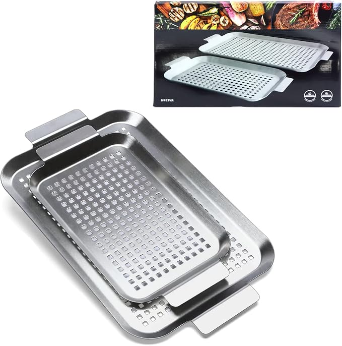 Grill Pan Set of 2, BBQ Grill Topper for Outdoor Grill Food Tray | Stainless Steel Grilling Baskets with Holes and Handles, Perforated Barbecue Accessories for Vegetable, Fish, Extra Large