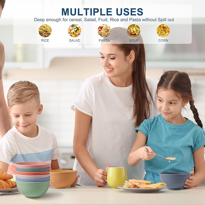 HOTEC BPA Free Unbreakable Wheat Straw Cereal Bowls - Microwave & Dishwasher Safe Soup and Salad Bowls, Set of 8, 26oz, Multicolor