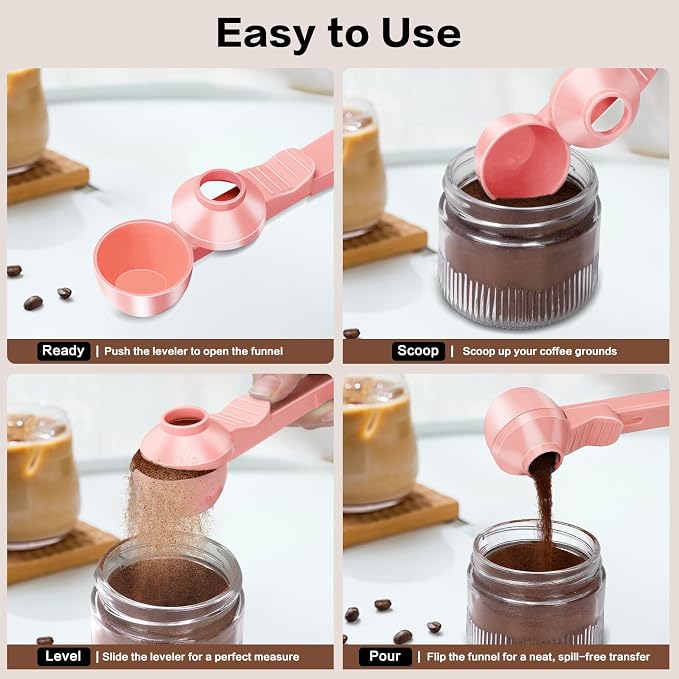 2-in-1 Coffee Scoop with Funnel, 2 Tbsp Measuring Spoon for Reusable K Cups, Ground Coffee, Protein Powder & Tea, Mess-Free Plastic Design（Pink-2pack）