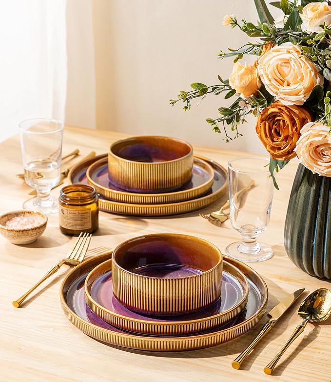 Ceramic Dinnerware Set for 6, 18-Piece Plates and Bowls Set | Lightweight Porcelain Dish Set, Scratch Resistant, Oven & Microwave & Dishwasher Safe, Amber Amethyst
