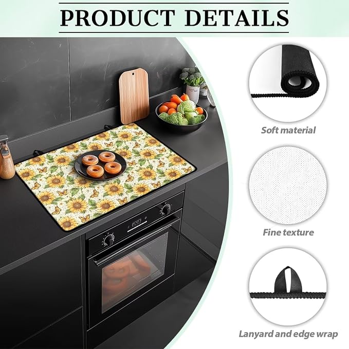 Sunflower Butterfly Stove Top Cover for Electric Stove, Glass Ceramic Stove Top, Heat Resistant Cooktop Cover Dish Drying Mats