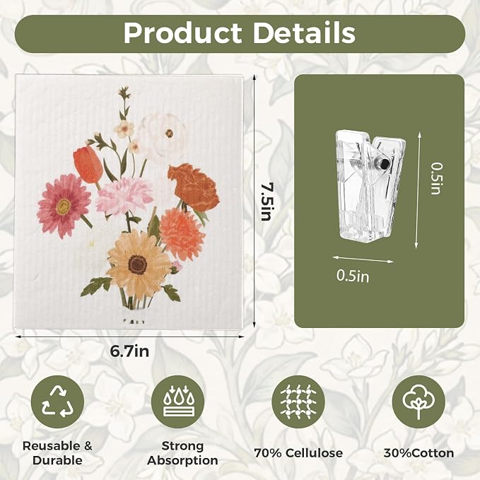 6 Pack Floral Swedish Dishcloths for Kitchen, Absorbent Dish Cloths | Reusable Kitchen Cloth Non-Scratch Cellulose Sponge Cloths with 6 Self-Adhesive Clip for Cleaning Home Kitchen Gift for Host