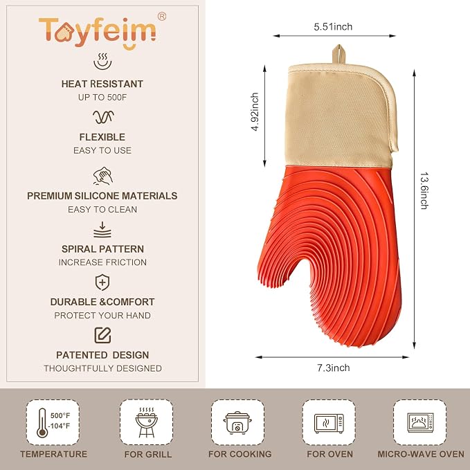 Silicone Oven Mitts-13.6 in Extended Oven Mitts Heat Resistant 500F, Oven Gloves with Soft Liner Good Grippy BPA-Free Easy to Clean Flexible-Oven Mits Set for Cooking Baking Grilling BBQ