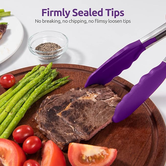 U-Taste Kitchen Tong for Cooking, 600ºF Heat-Resistant Tps, 9in/Purple | Rubber Tong for Serving Food, Salad/Grill/BBQ/Steak/Pasta Silicon Tongs, 18/8 Stainless Steel Handle & Smooth Locking