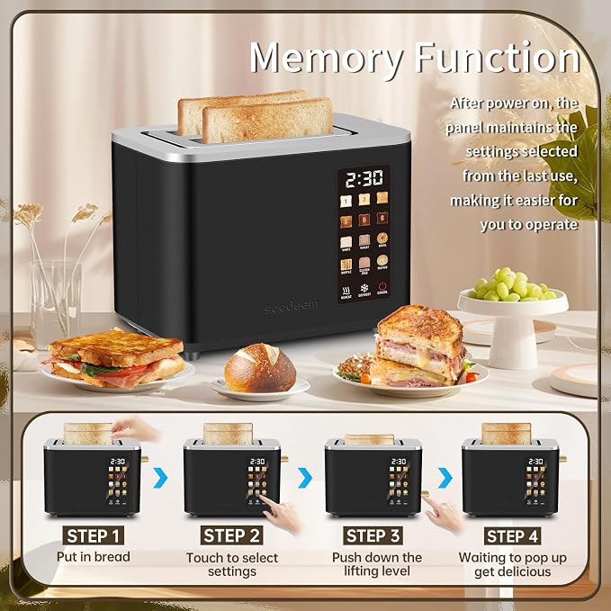 SEEDEEM Touchscreen Toaster 2 Slice, Stainless Steel, 6 Shade, 900W, Black